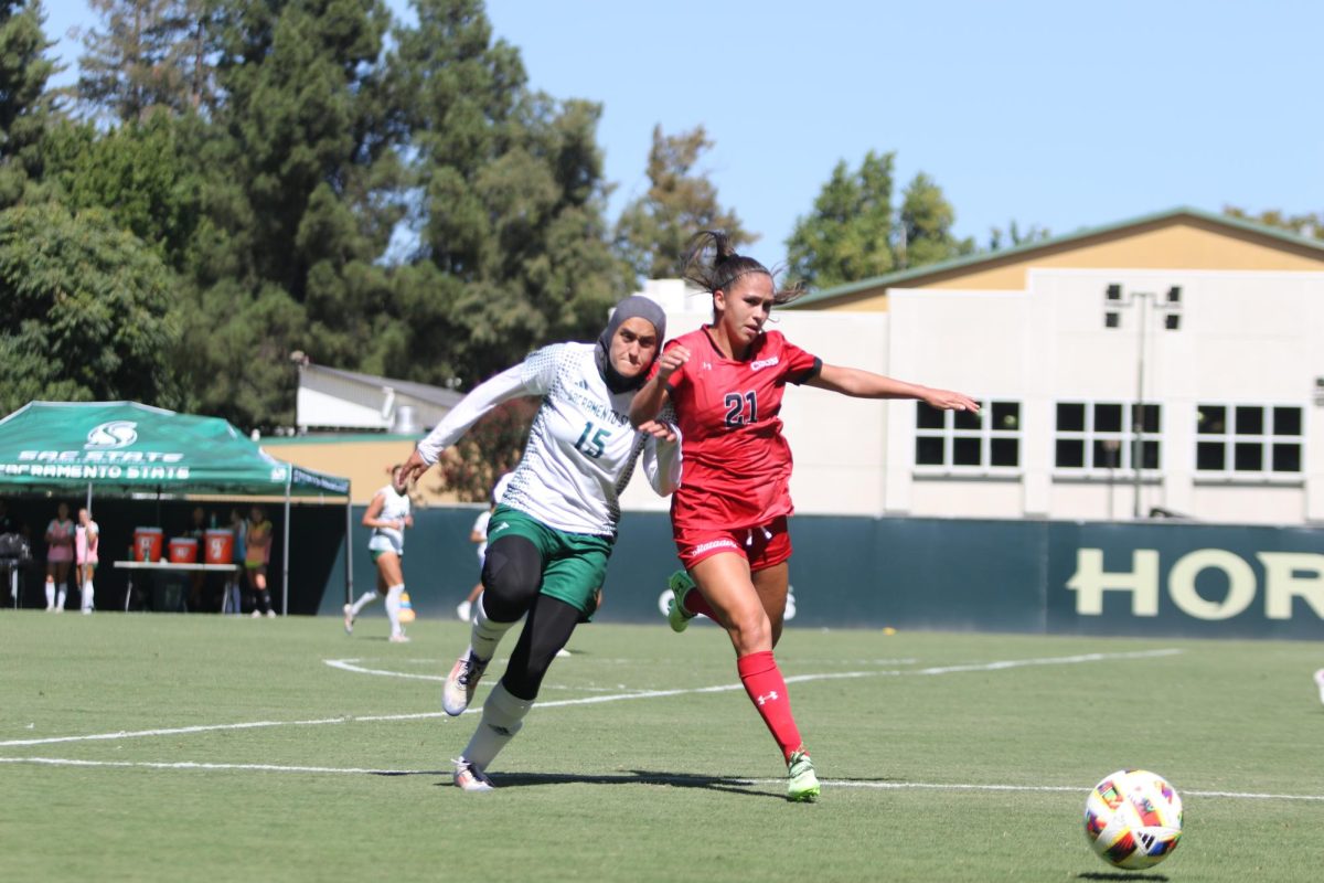 Senior forward Danna Restom fights off a CSUN Thursday, Sept. 12, 2024. The Hornets won 1-0.