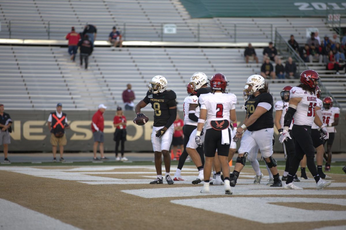 Senior wide receiver Jared Gipson celebrates after a touchdown in Sacramento State’s home loss to Eastern Washington Saturday, Oct. 12, 2024. Gipson has hauled in five touchdowns this season for the Hornets.