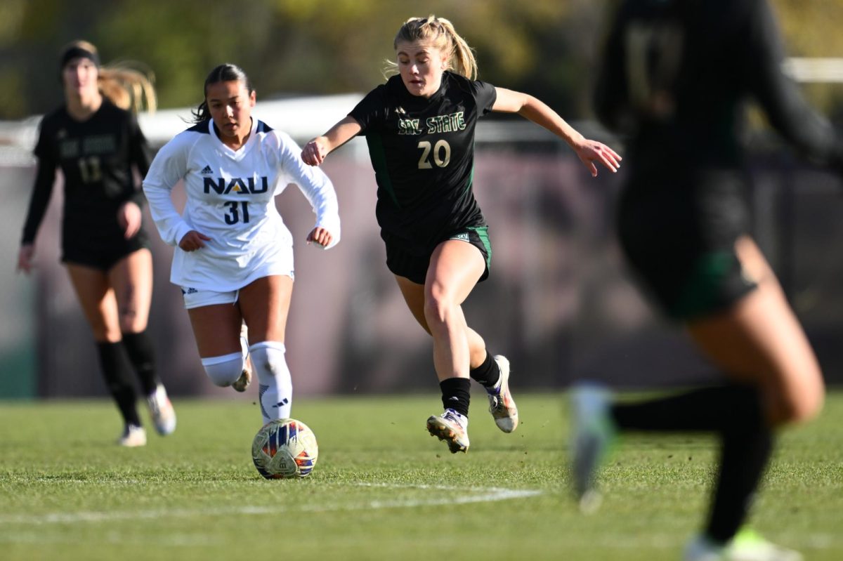 Sophomore midfielder Ellie Farber dribbling down the field against Northern Arizona in the first round of the Big Sky Tournament Wednesday, Nov. 6, 2024. The Hornets went on to eliminate the Lumberjacks on Penalty Kicks 4-3. 