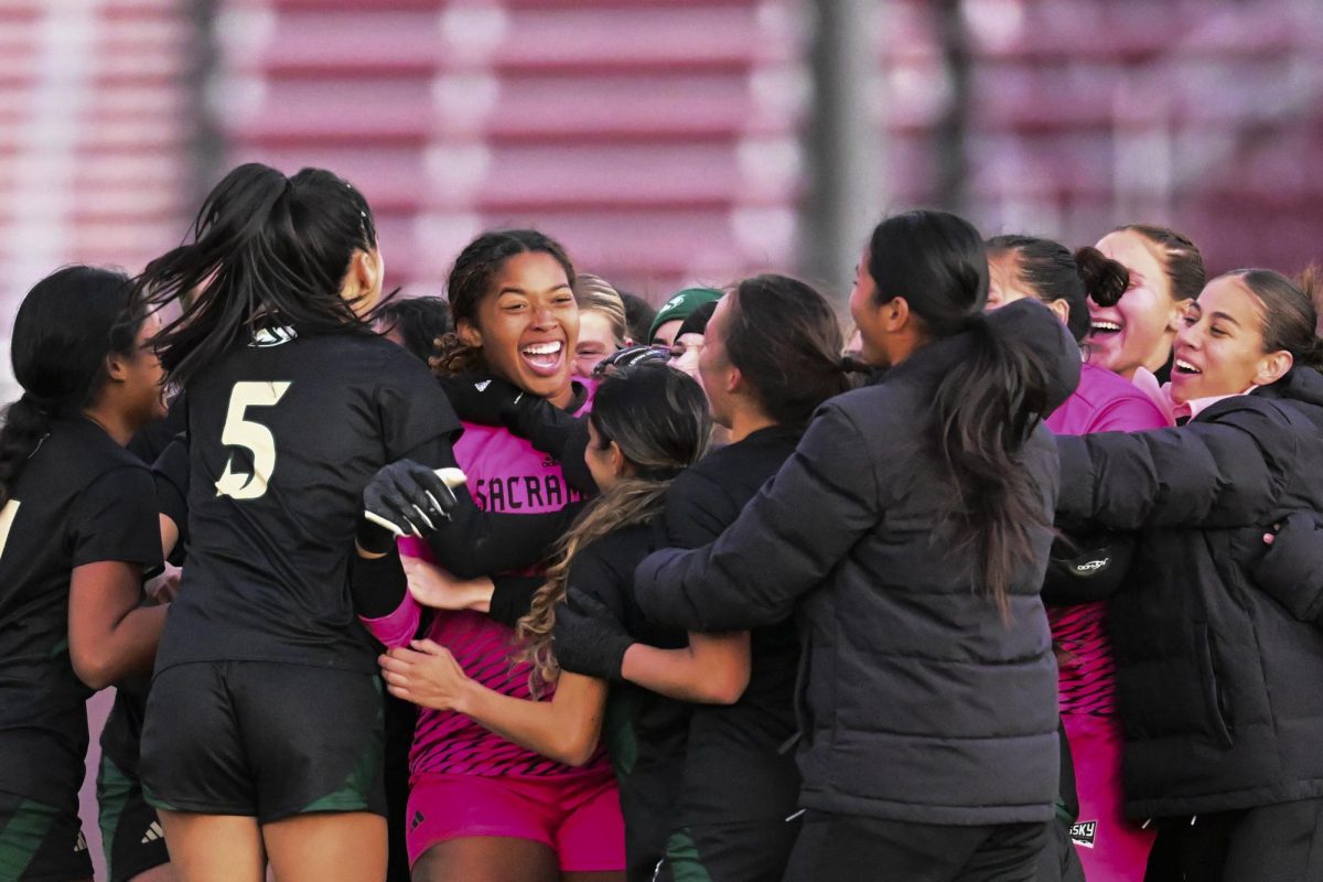 Redshirt freshman Sierra Sonko celebrating with team after a game-winning save against Northern Arizona Wednesday, Nov. 6, 2024. The Hornets move on and advance to the Big Sky Tournament semifinals.