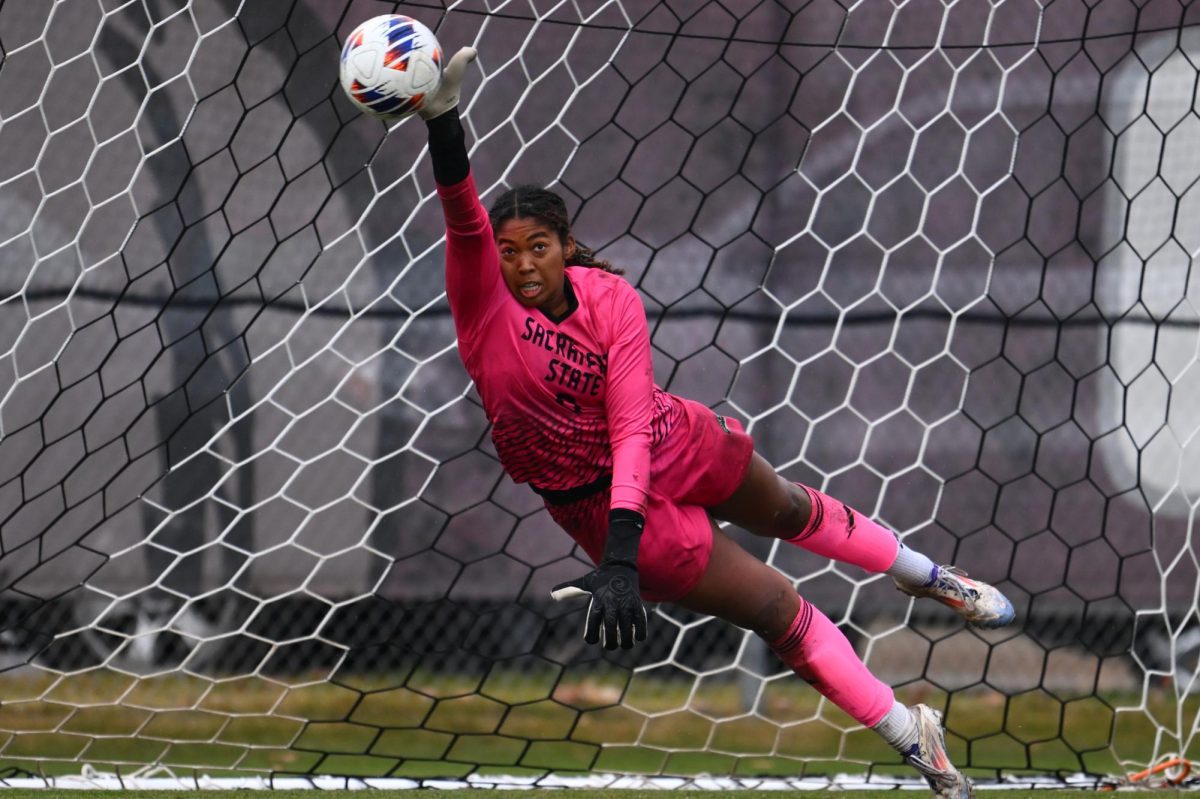 Redshirt freshman goalkeeper Sierra Sonko makes a diving save in penalty shootouts against Idaho in the Big Sky Championship game Sunday, Nov. 10, 2024. The Hornets won the championship off penalty kicks 7-6 to secure the Big Sky Conference title.