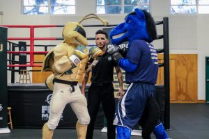 Herky the Hornet faces off against Gunrock the Mustang in a press conference in Yosemite Hall Wednesday, Nov. 13, 2024. The press conference announced the Causeway Boxing Classic at the Sacramento Memorial Auditorium on Nov. 22. 