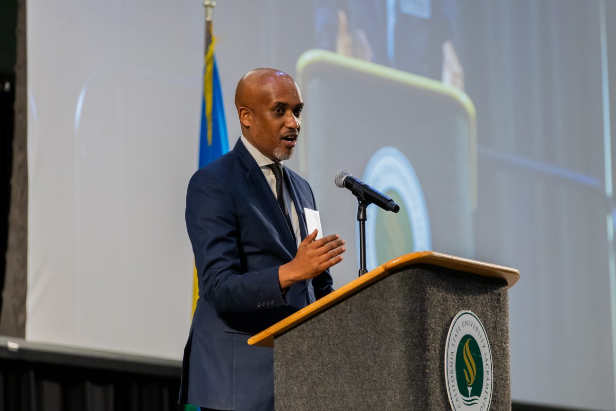 The Rwanda Minister of Justice and Attorney General Emmanuel Ugirashebuja giving his speech at the opening ceremony, Thursday, November 14, 2024. Ugirashebuja spoke about his own experience living through the genocide against the Tutsi. 