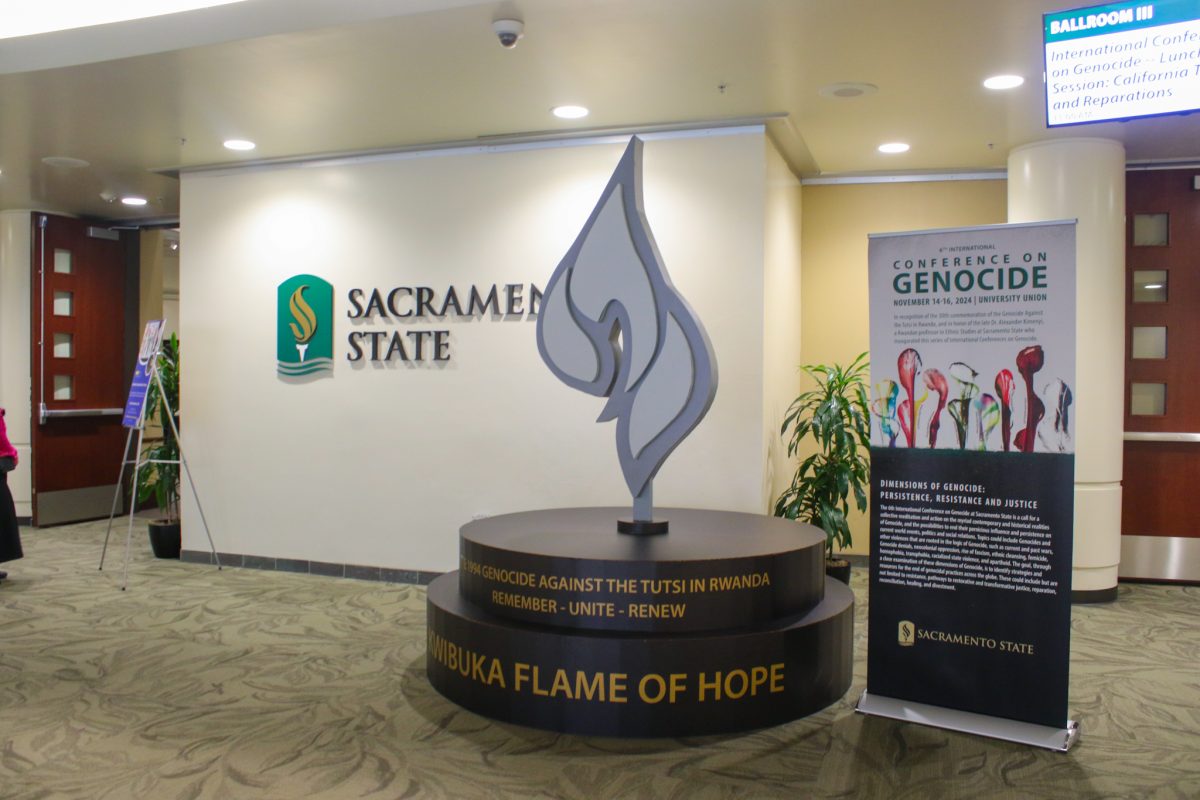 The Kwibuka flame of hope statue outside the University Union Ballroom III Nov. 15, 2024. The second day of the Conferance on Genocide put more of a focus on health and healing.