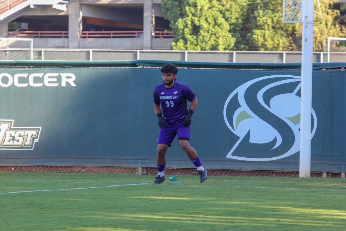 Edgar China warms up before Sac State’s soccer game against the University of the Pacific on Sept. 22, 2024. The Hornets currently have a 6-9-2 record this season.