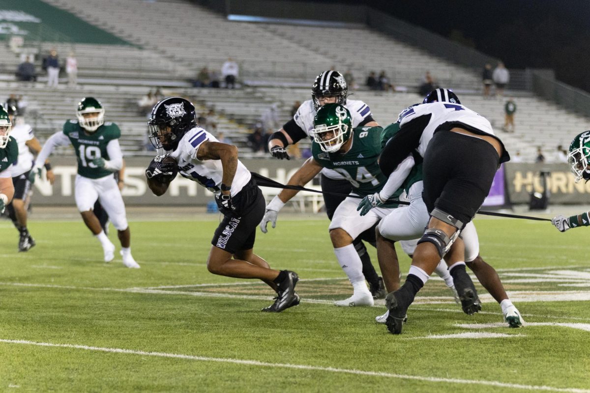 Sacramento State’s defense attempting a tackle in their matchup against Weber State Saturday, Oct. 19, 2024. The Hornets won 51-48 in double overtime.