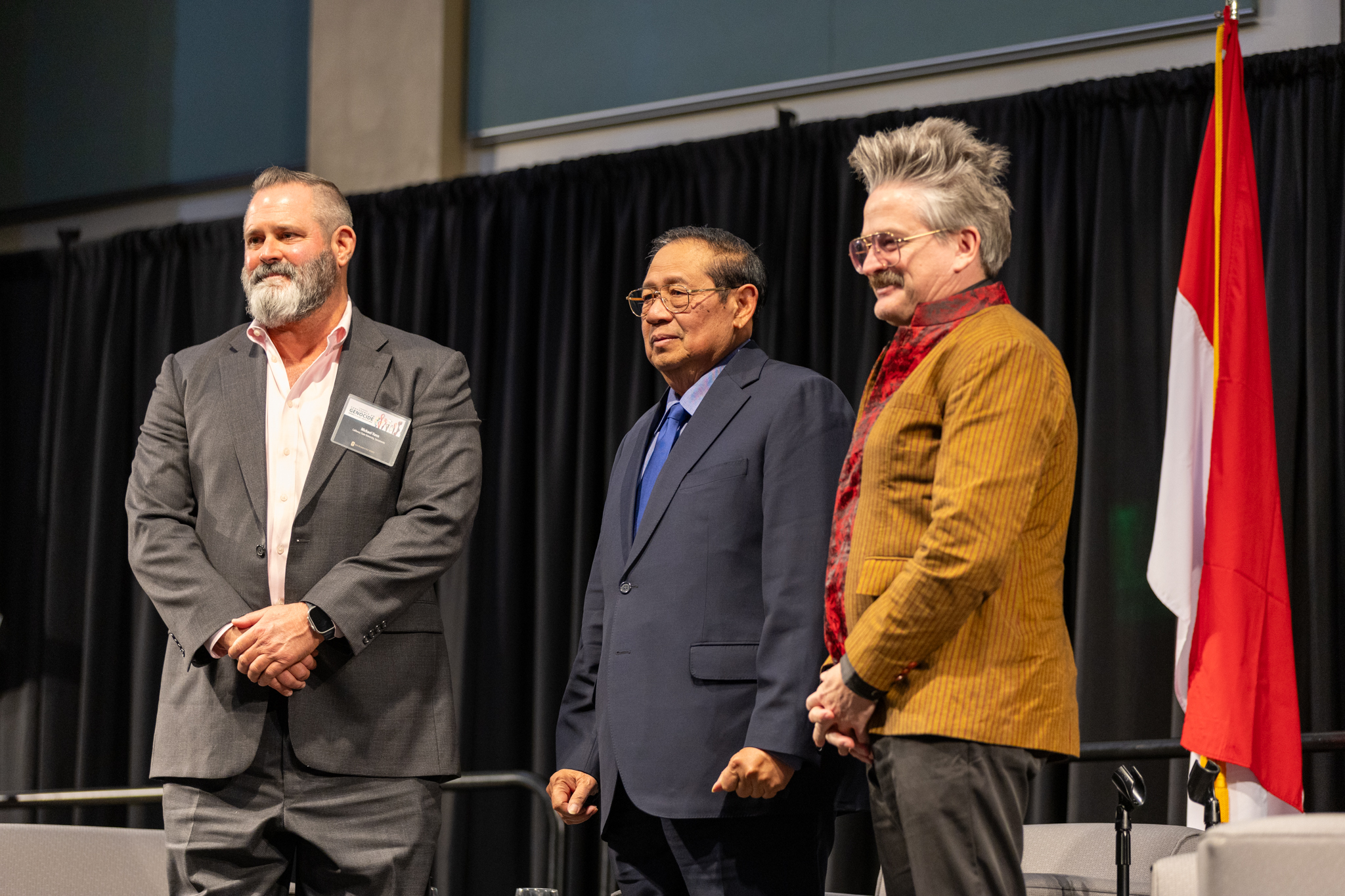 (L-R) Sac State history professor Dr. Michael Vann, former President of Indonesia Susilo Bambang Yudhoyono and Northern Illinois history professor Eric Jones stand onstage in the University Ballroom Saturday, Nov. 16, 2024. President Yudhoyono discussed his experiences with leadership and what he hopes to see from the nation in the future. 