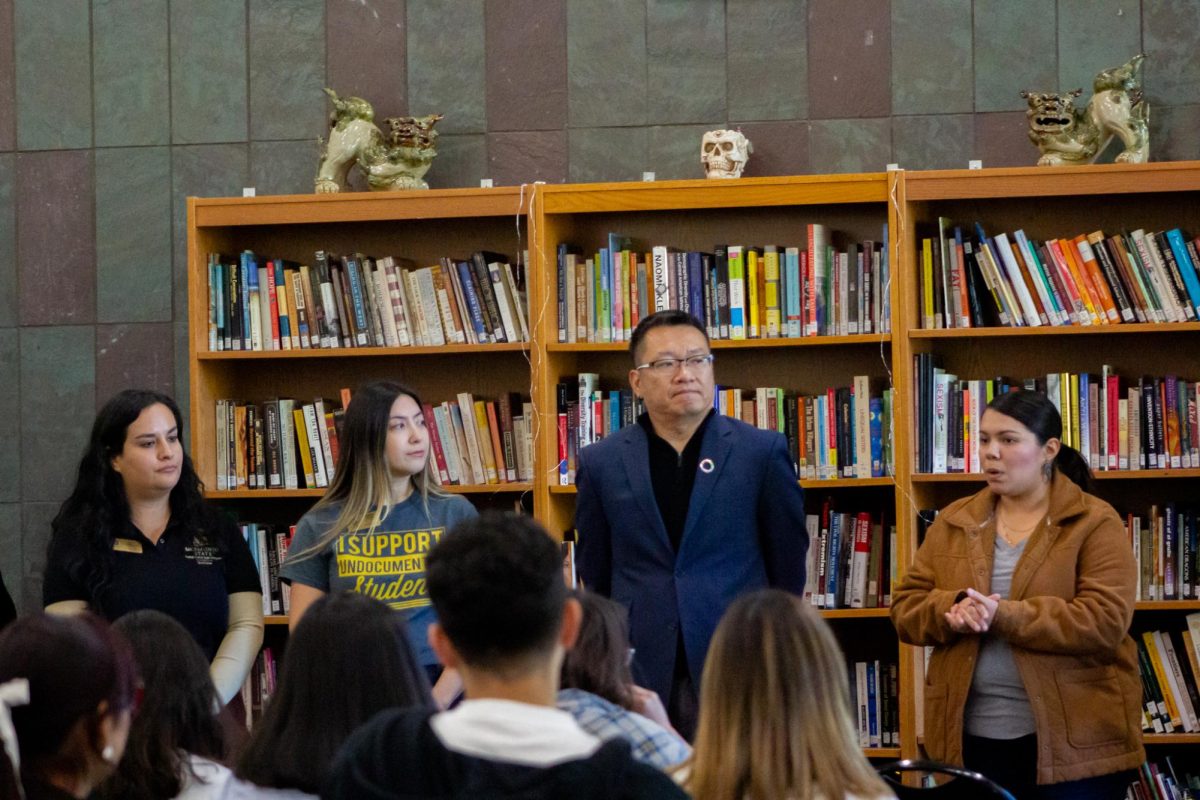 Coordinators Juana Zaragoza from the Serna Center, Kimberly Gomez from the Dreamer Resource Center and Hei Fok from the Pride Center open up the reflection session, Wednesday, Nov. 5, 2024. During the event, many of the staff members affirmed that they were there to support students and inform them of student resource services on campus.