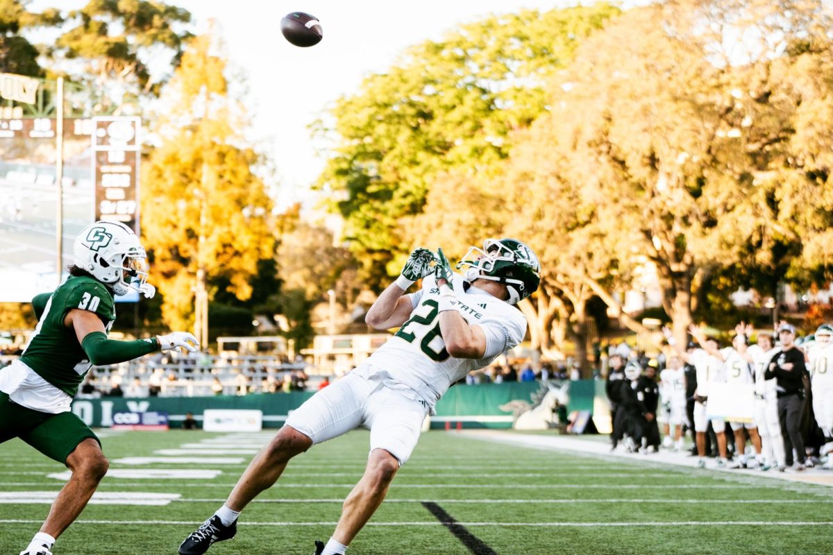 Sacramento State senior receiver Anderson Grover twisting to make a touchdown grab against Cal Poly Saturday, Nov. 16, 2024. Grover finished the game second on the team in receiving yards with 7 catches for 63 receiving yards.