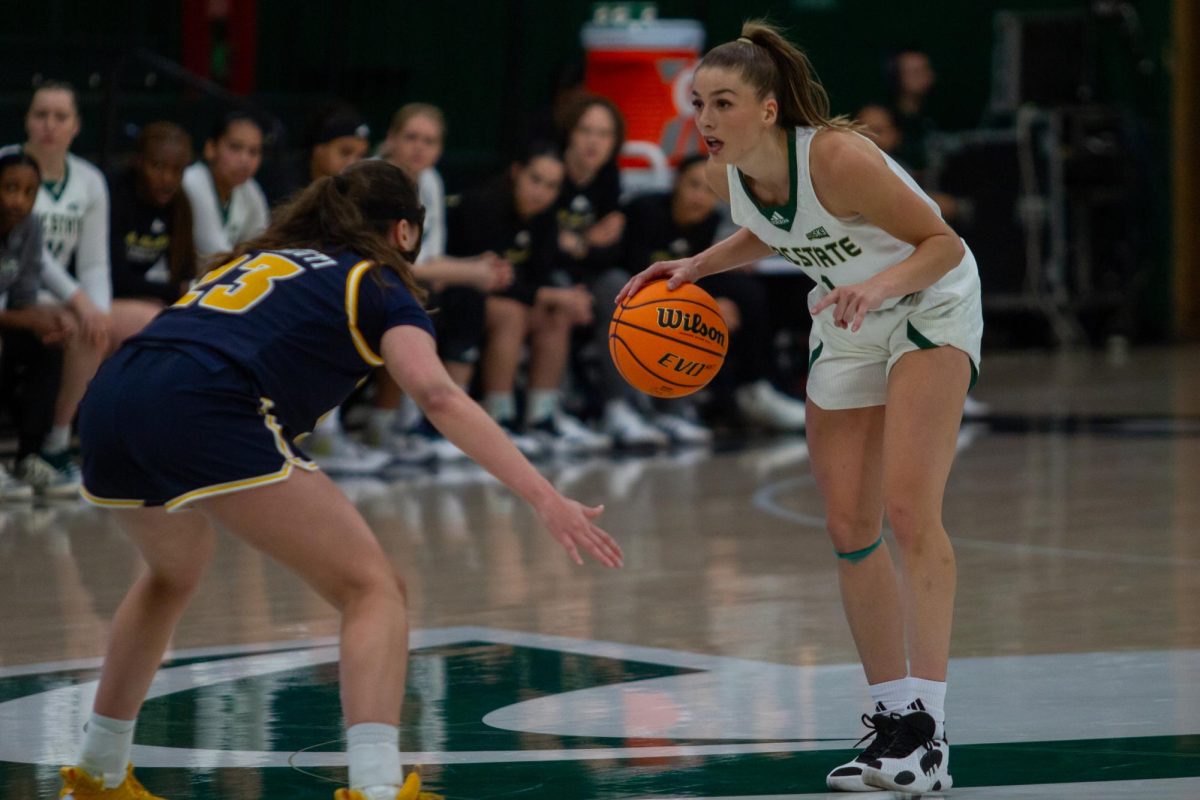 Sacramento State’s redshirt junior guard Benthe Versteeg sizes up her matchup against the UC San Diego Tritons Thursday, Nov. 7, 2024. Versteeg led the team in assists at seven before fouling out.