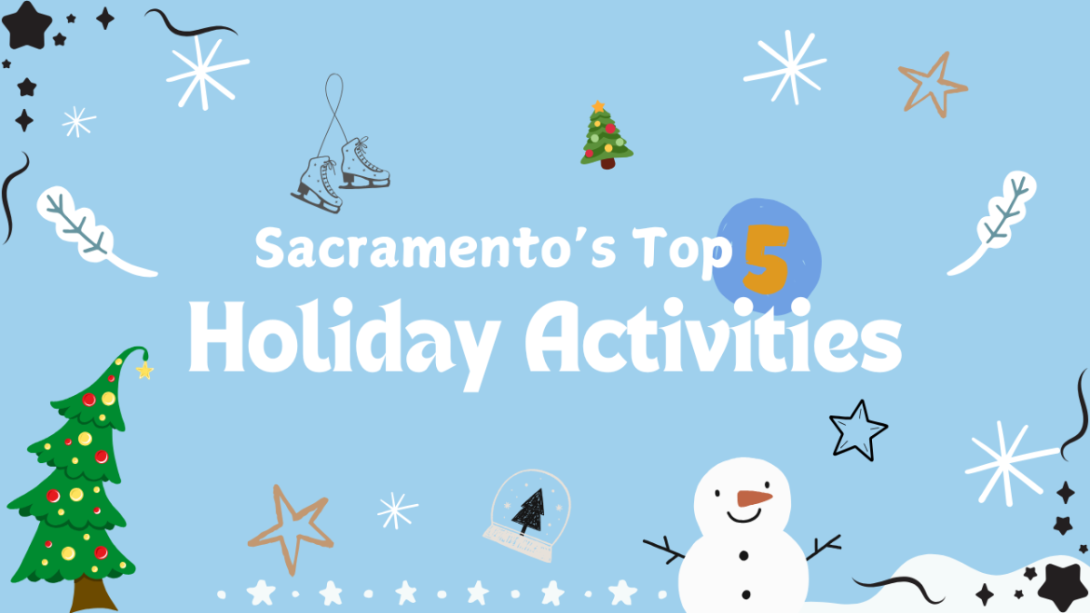 Sacramento is a great place to spend your holiday season. Make the most of it through events such as the Imaginarium at Cal Expo, the Downtown Sacramento Ice Rink and more. (Graphic made in Canva by Delaney Joyce and Chris D. Johnson)