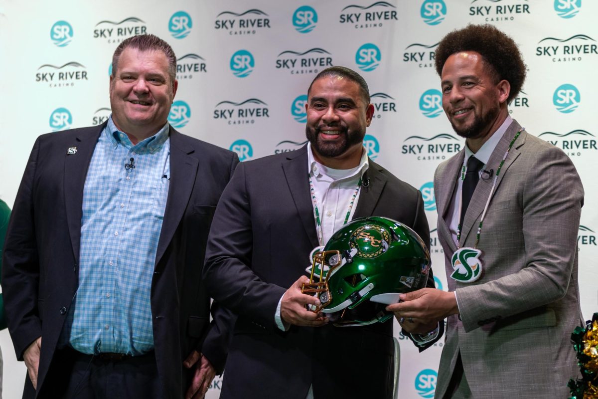 (L-R) Andy Fiske, Jesus Tarango and Luke Wood pose for a photo at a press conference at Sky River Casino Friday, Nov. 22, 2024. The press conference announced a multi-year partnership with Sky River Casino and Wilton Rancheria.