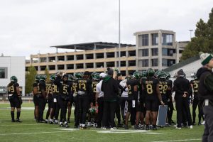 Sac State football huddles during the Causeway Classic Saturday, Nov. 23, 2024. The Hornets will be looking for a new head coach for the second time in three years.