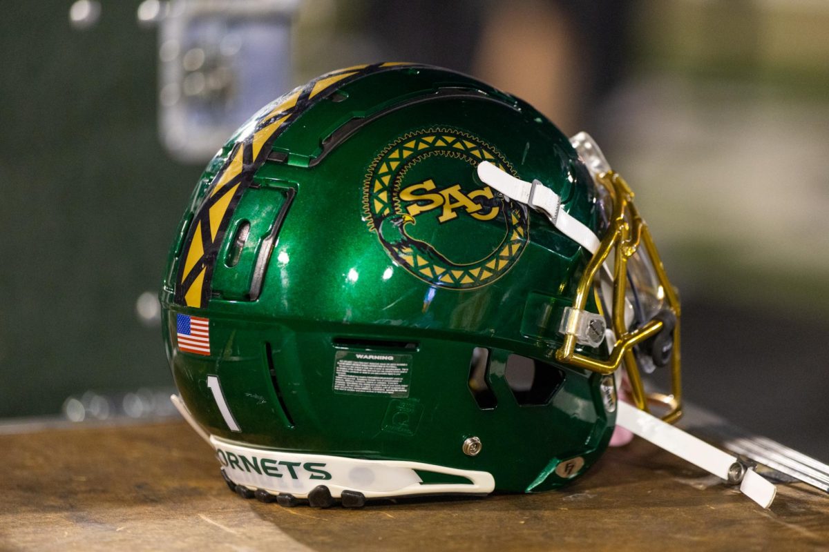 A Sacramento State football helmet sits on the sideline during the Causeway Classic Saturday, Nov. 23, 2024. After a 3-9 season, the Hornets look to retool their roster.