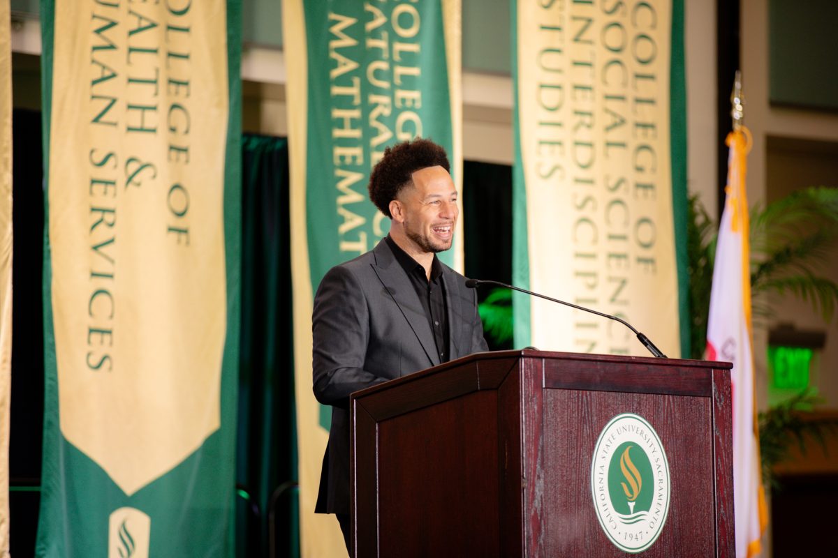 Sacramento State President Luke Wood delivers the annual Spring Address in the University Union Ballroom Thursday, Jan. 16, 2025. Wood described how Sac State’s diverse student population helps it stand out from other CSU schools. (Photo courtesy of Bibiana Ortiz, Sacramento State)