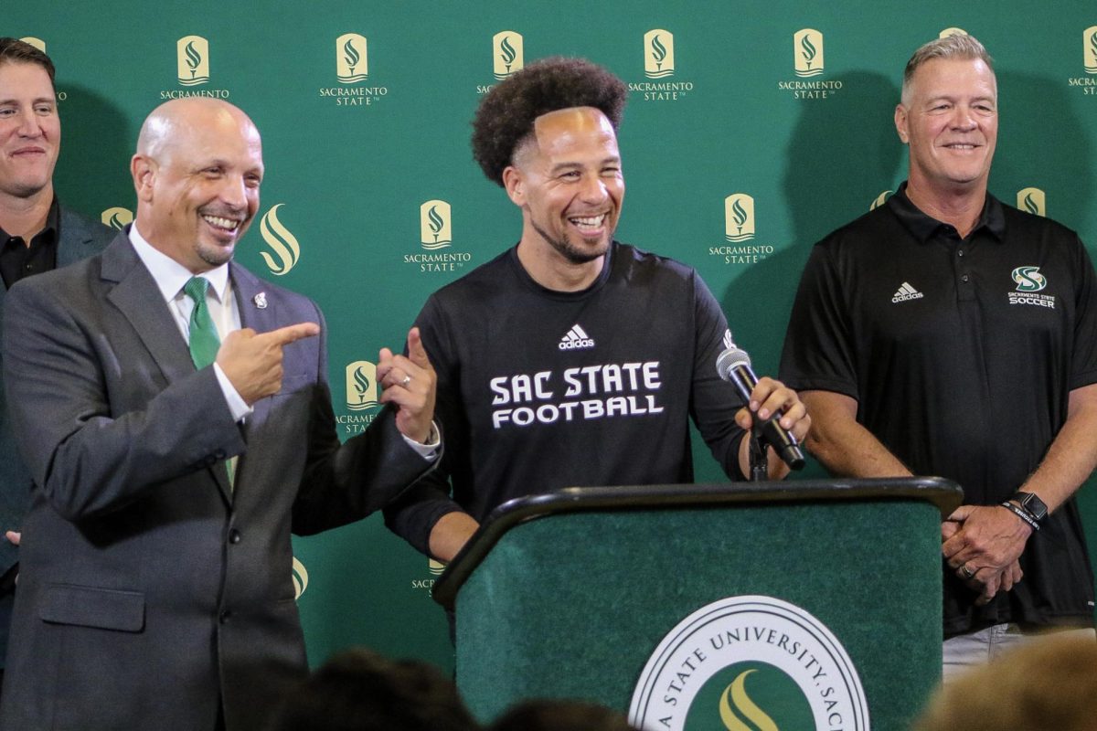 (L-R) Sacramento State Athletic Director Mark Orr and President Luke Wood announce the new multi-use stadium in a press conference Thursday, Sept. 26, 2024. Wood told The State Hornet that the stadium is set to be built in three phases.