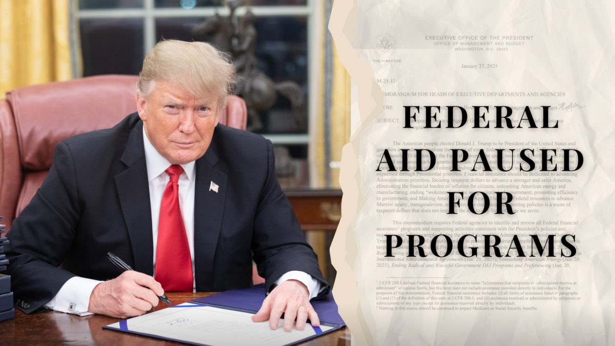 President Donald Trump announced a memorandum Monday to pause trillions of dollars in federal aid funding. This freeze is to take effect Tuesday at 5 p.m. EST. (Official White House Photo by Shealah Craighead, graphic made in Canva by Jada Portillo)