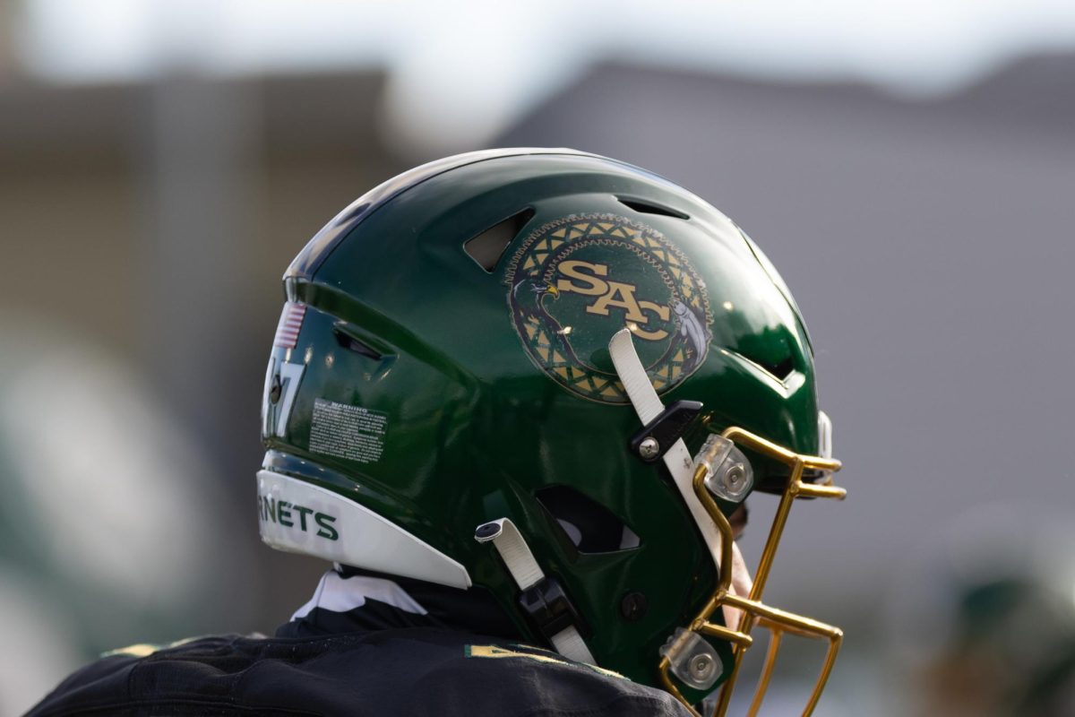 A Sacramento State football helmet worn on the sidelines during the Causeway Classic Saturday, Nov. 23, 2024. The loan of $2.5 million provided by Associated Students, Inc. is half of what Sac State would need to transfer to the FBS.