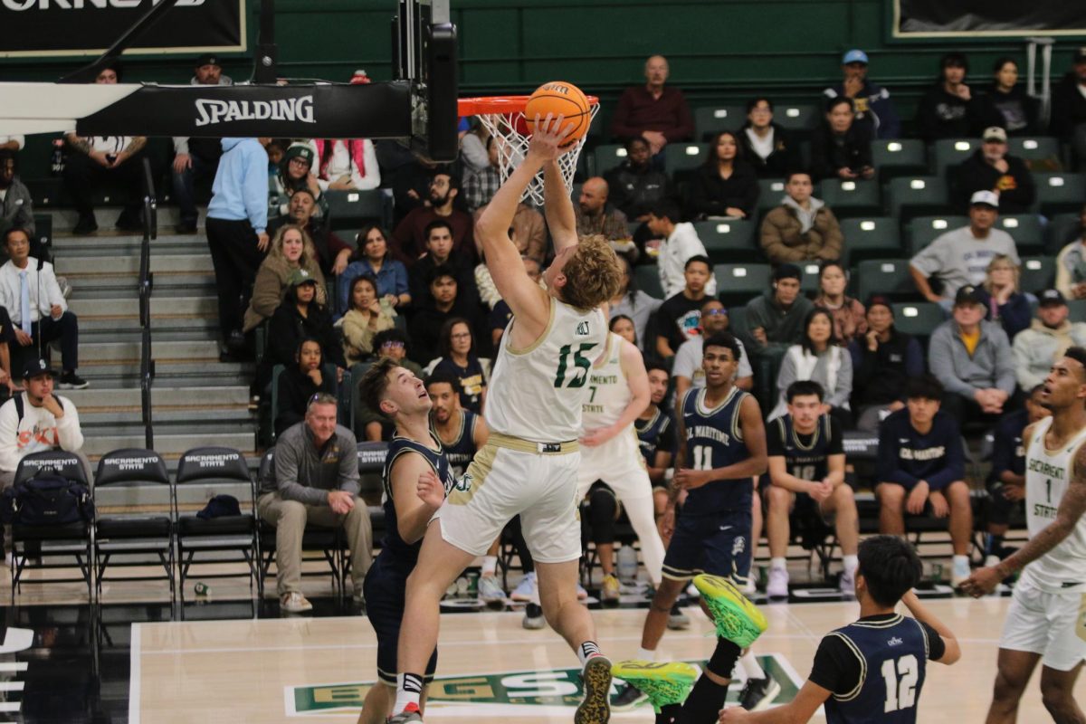 Senior forward Jacob Holt attacks the basket against Cal Maritime Tuesday, Nov. 24, 2024. The Hornets ended their most recent road trip with a loss to Idaho.