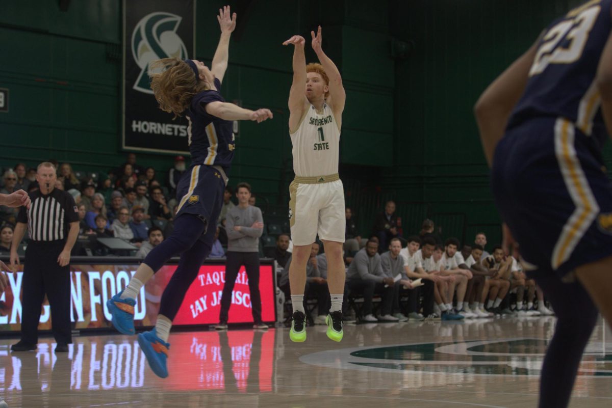 Freshman guard Leo Ricketts squares up for a 3-pointer against Northern Colorado Thursday, Feb. 13, 2025. He played a game-high 40 minutes in his career start as a Hornet.