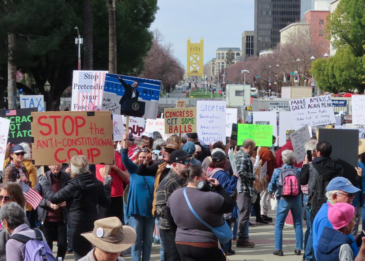 The view from the top of the State Capitol shows seemingly endless signs Monday, Feb. 17, 2025. Californians showed up en masse to join the the protest against Project 2025.