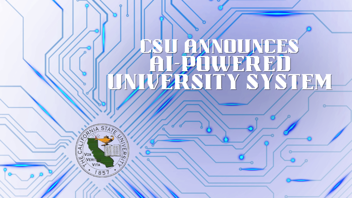 The California State University announced an initiative that will implement the first and largest AI-powered university system. The CSU plans to make these tools available in the next few weeks. (Graphic made in Canva by Kai Arellano)