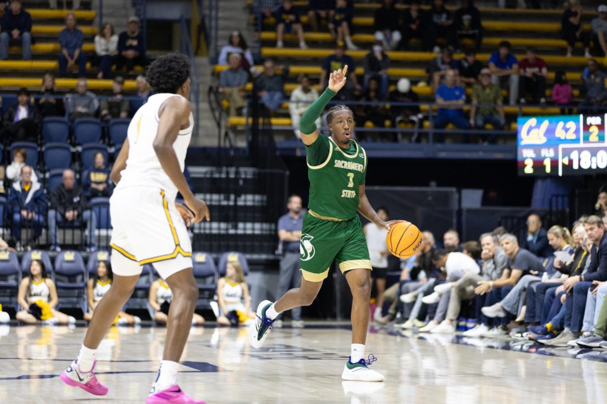 Senior guard EJ Neal sets up the Hornet offense against the University of California, Berkeley Sunday, Nov. 24, 2025. Neal leads the Hornets in steals in his final season at Sac State and was a defensive anchor in their most recent game against Eastern Washington University.