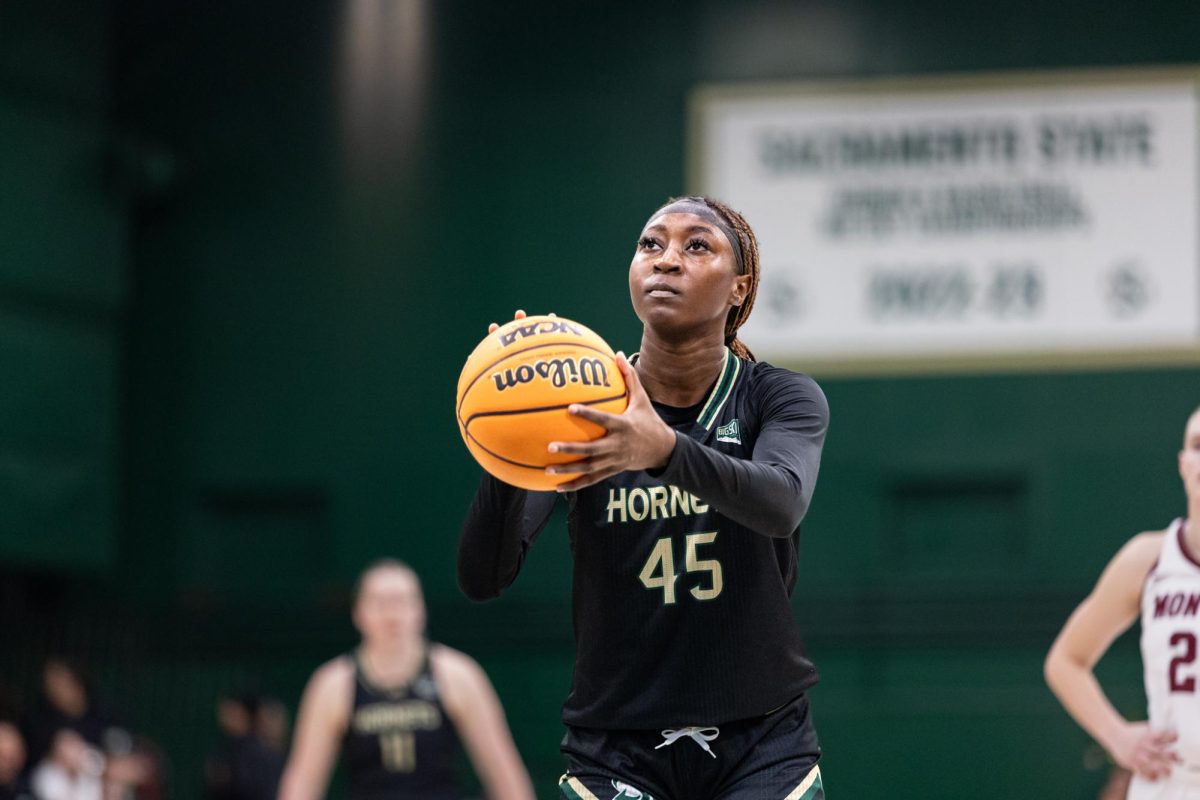 Junior forward Fatoumata Jaiteh shooting a free throw Saturday, Feb. 1, 2024. Jaiteh had a game-high nine free throw attempts.