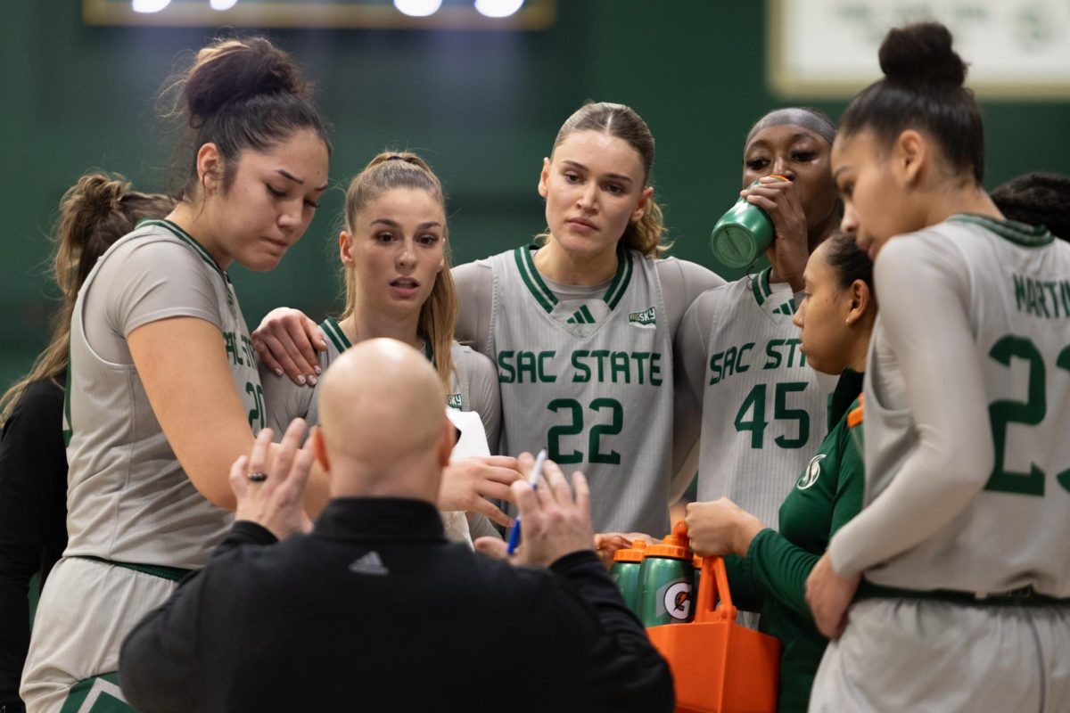 Sacramento State huddles around head coach Aaron Kallhoff Saturday, Feb. 8, 2025. The Hornets suffered two road losses this weekend.