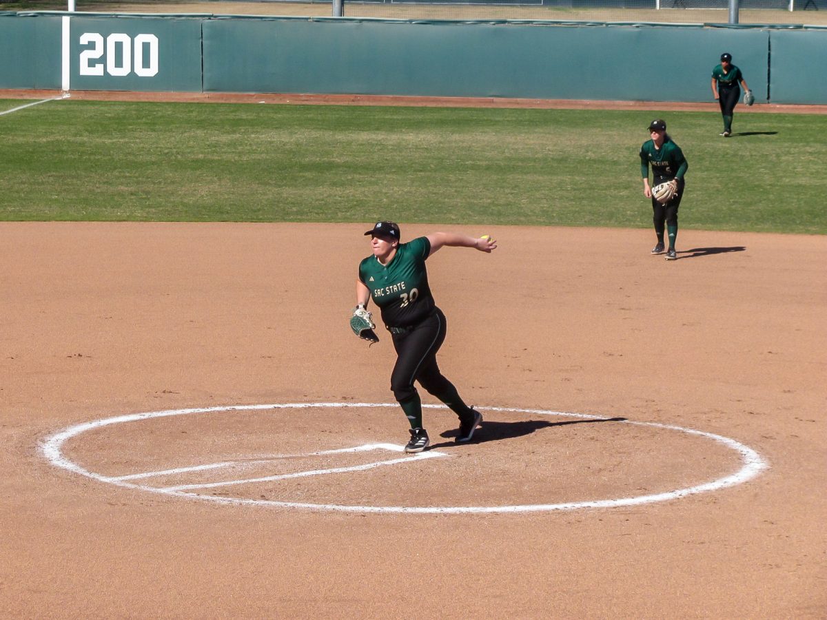 Senior pitcher Caroline Evans delivers a pitch Sunday, Feb. 9, 2025. Evans received Big Sky Conference Pitcher of the Week after totaling 18 strikeouts during her two wins this weekend.