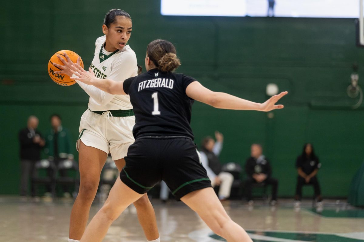 Senior forward Jaydia Martin sizes up a Portland State defender Tuesday, March 4, 2025. Martin finished the game with 11 points and six rebounds.