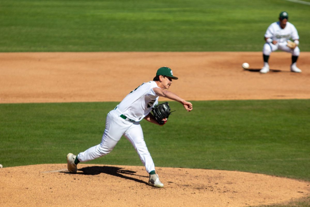 Senior starter pitcher Evan Gibbons delivers a pitch Friday, March 7, 2025. Gibbons collected his third win of the season in Friday’s matchup against UT Arlington, going 6.2 innings while striking out six.