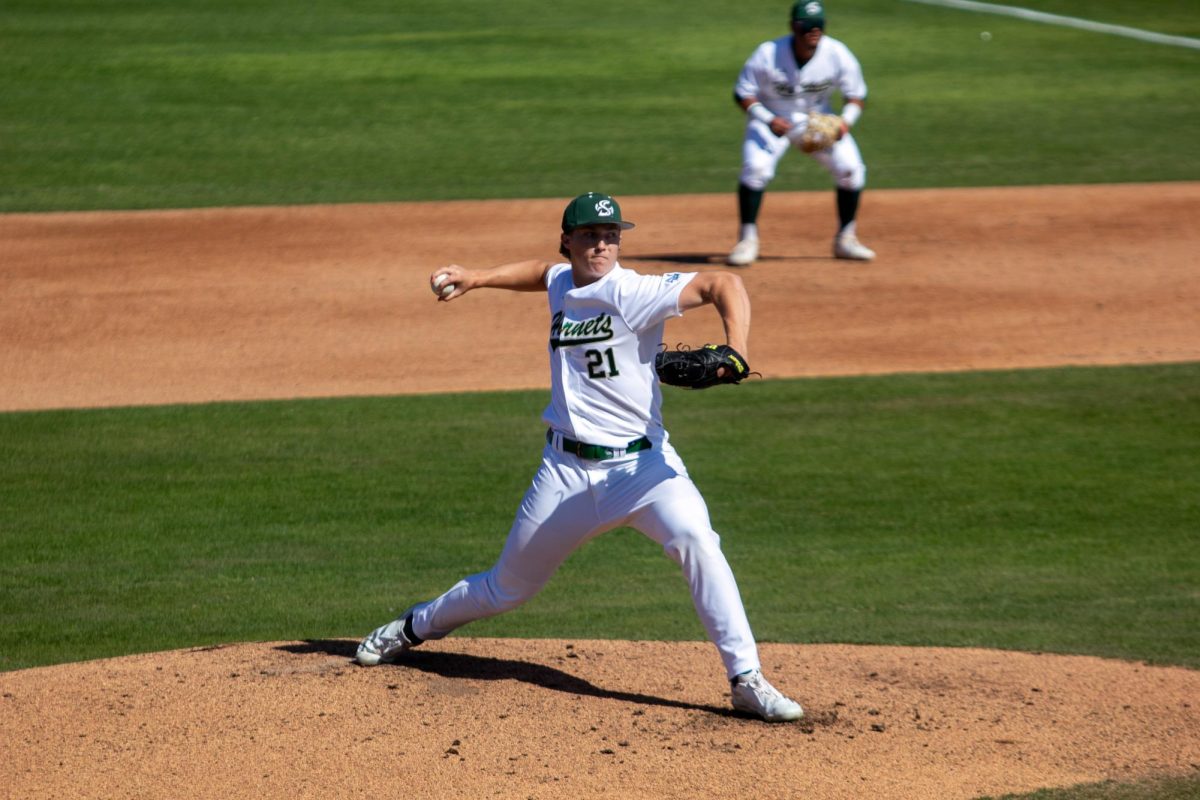 Junior starting pitcher Ethan Lay delivers a pitch from the mound Sunday, March 9, 2025. The starter had a career performance, throwing seven innings with 11 strikeouts.