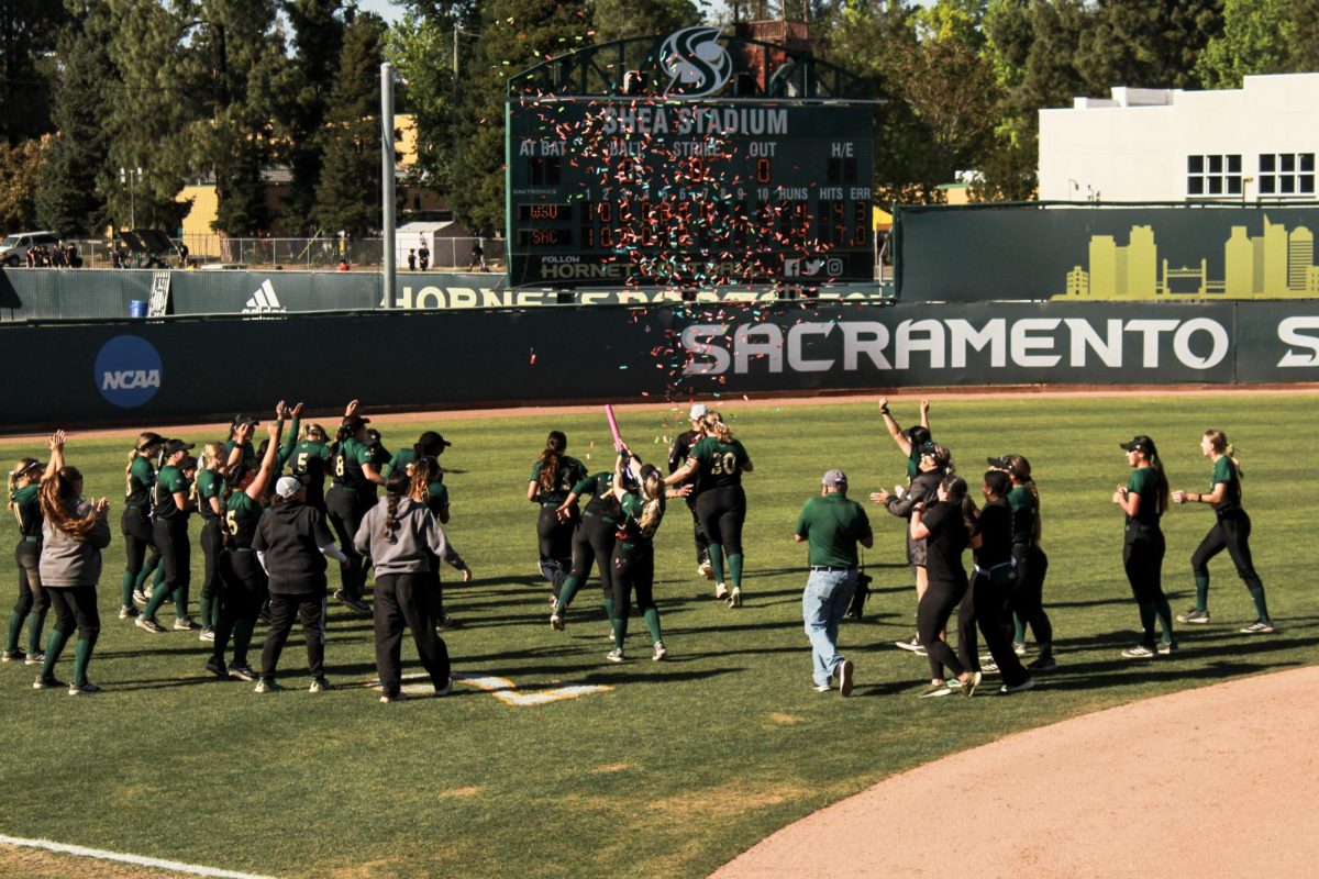 Sacramento State softball celebrates head Coach Lori Perez’s 300th win as coach Friday, April 18, 2025. She’s now third all- time in the Sac State record book for coaches. 