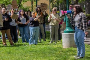 An estimated 400 students and faculty participated in a walkout to protest recent actions by Sac State and the CSU system Thursday, April 24, 2025. The walk started at the library quad at 11 a.m. and made its way to Sacramento Hall, near President Luke Wood’s office.
