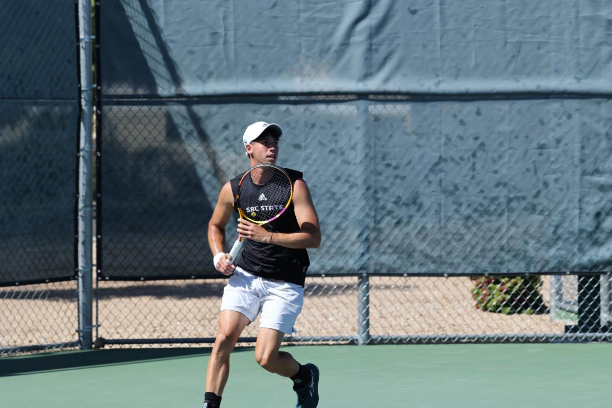 Freshman Gur Libal stands ready to return an oncoming ball Thursday, April 26, 2025. Sac State lost to Montana 4-0 in the Big Sky Conference Tournament in Phoenix, Arizona.