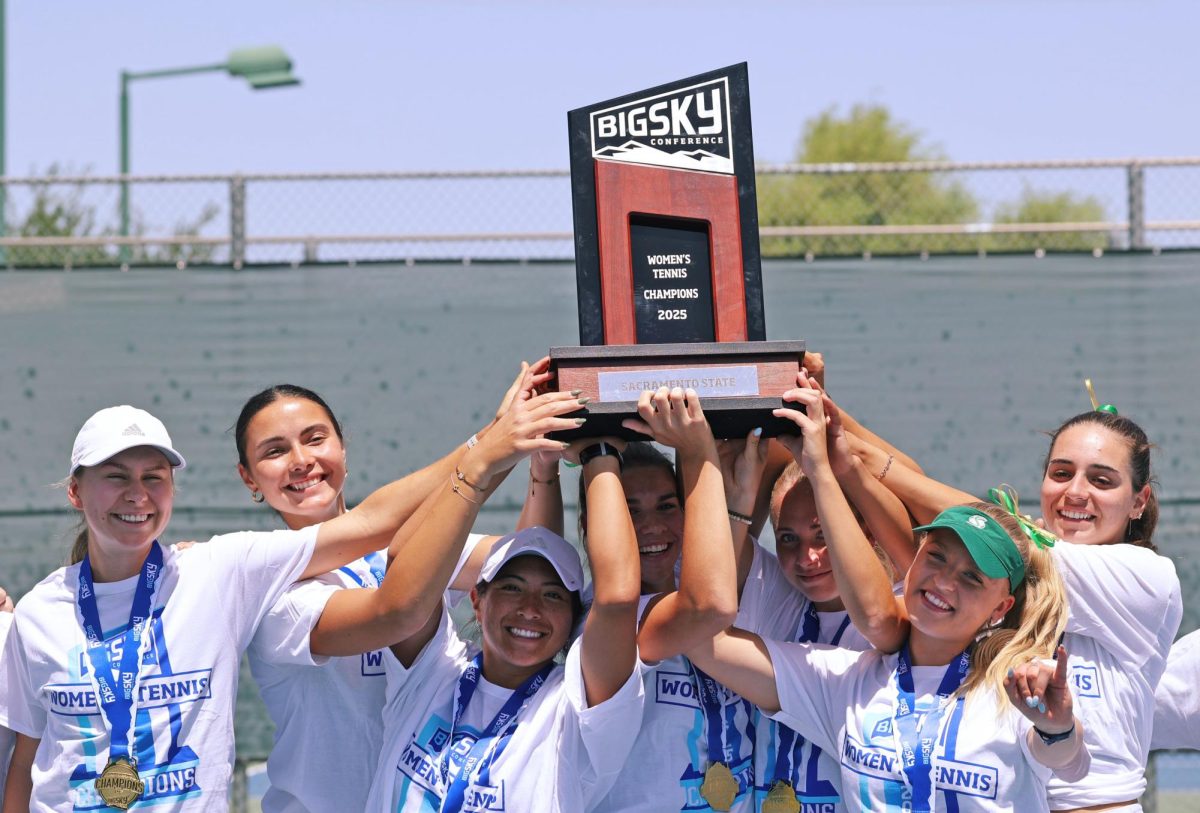 Sacramento State Hornets raise the trophy as back-to-back champions Saturday, April 26, 2025. The Hornets swept in both the semifinals and the finals, moving to the NCAA Tournament where they’ll face the California Golden Bears