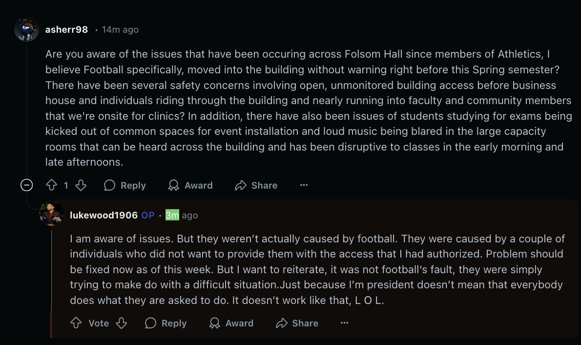 Sac State President Luke Wood answers a question about the Folsom Hall situation in his  “Ask Me Anything” thread on Reddit April 10, 2025. Wood said the incidents weren’t caused by the football team.