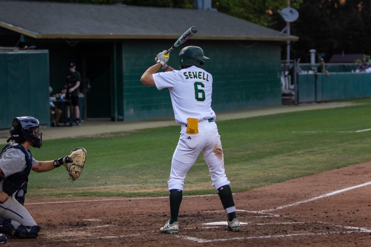 Sophomore infielder Cameron Sewell at bat against the UC Davis Aggies Tuesday, Apr 29, 2025. Of the four times he faced the Aggies pitcher, he struck out in the bottom of the ninth ending the game 6-5.
