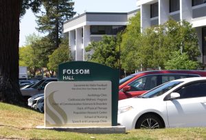 The sign in front of Folsom Hall Thursday, May 8, 2025. Staff and faculty who have been at Folsom Hall for over a decade complained of feeling ignored during the football team’s move. 