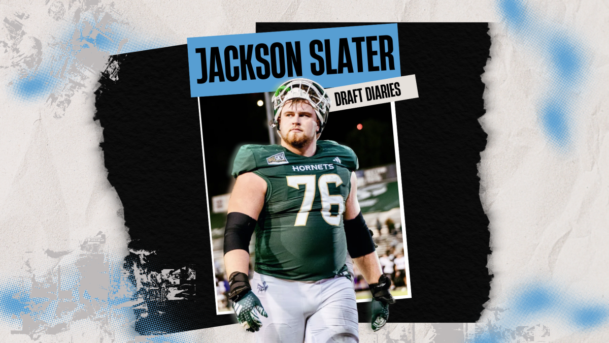 Jackson Slater stands looking forward after a game. Slater was selected in the fifth round of the NFL Draft by the Tennessee Titans. (Photo Courtesy of Sac State Athletics/Graphic created in Canva by Siany Harts)