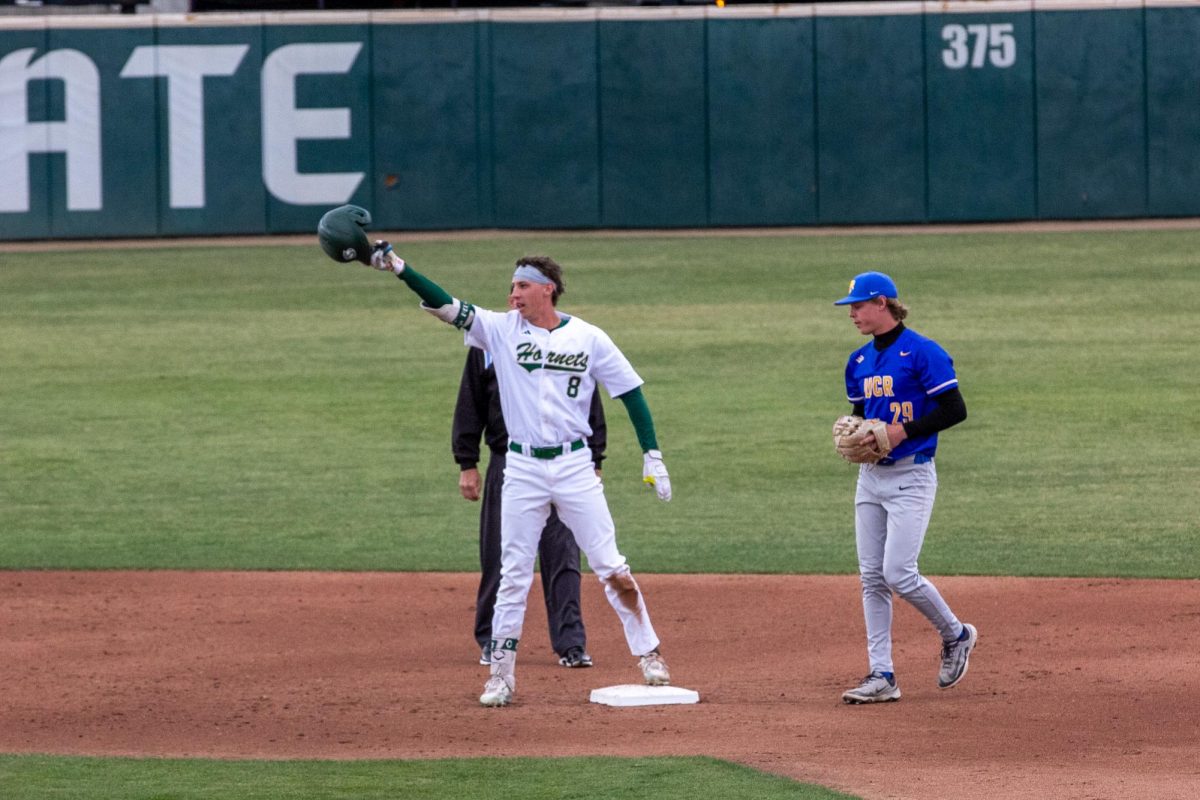 Senior right fielder Ryan Christiansen reaches second on a double against the Highlanders Friday, April 25, 2025. Christiansen scored four RBIs against Riverside, thanks to an RBI single and a 2-run homer.