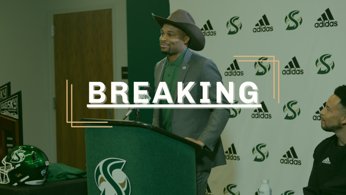 New head coach Brennan Marion speaks in a press conference, Jan. 8, 2025. The Cal Expo stadium can house 20,000 spectators. Photo taken by Brionna Woody, graphic created in Canva by Chris D. Johnson
