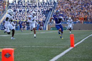 South Dakota State University's sophomore wideout Lofton O'Groske turns upfield for a big gain against Sac State Saturday, Aug. 30, 2025. The game ended with a final score of 20-3 in favor of the Jackrabbits. (Photo courtesy of Jenn Kenyon/Sioux Falls Live)
