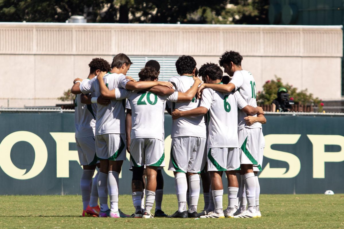 Sacramento State Men's Soccer huddles before their game against San Jose State University, Sunday, Sept. 7, 2025. They went on to fall short of a comeback in this game. 
