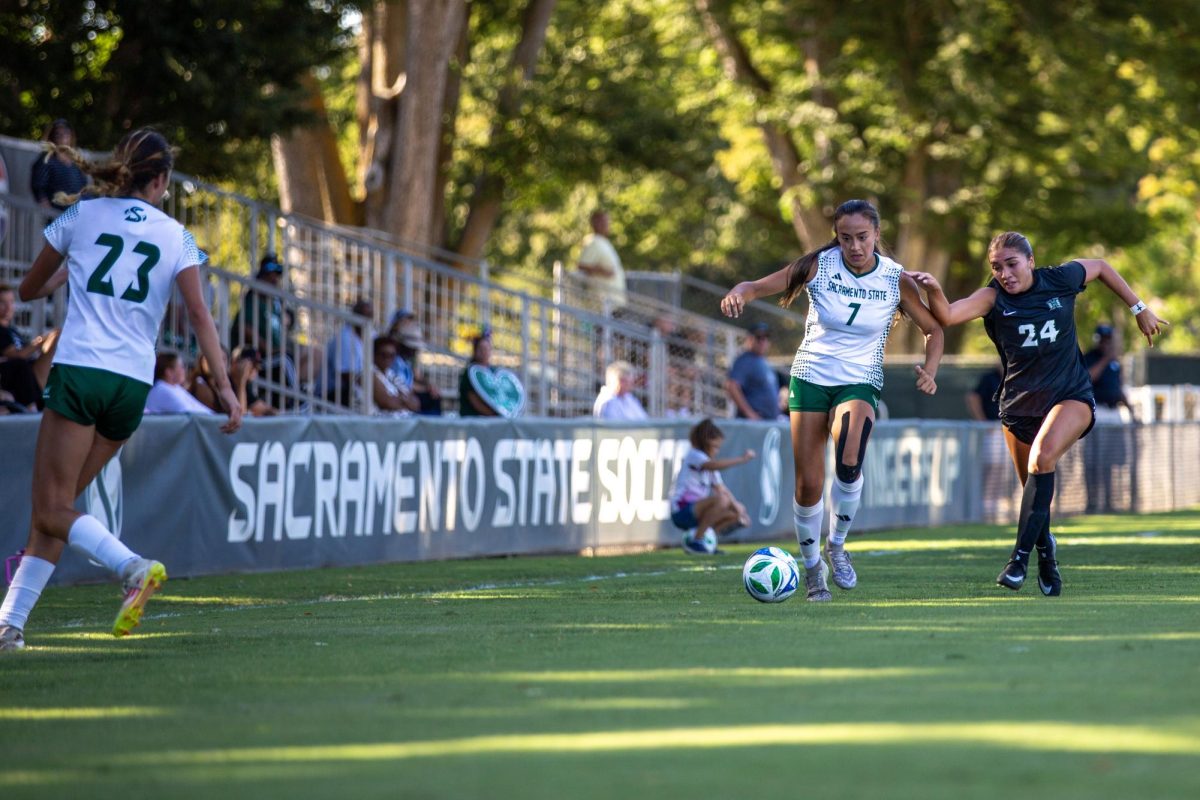 Attacking down the right-hand side in a previous game against Hawaii, Sacramento State junior forward Tea Reyes’ impressive form this season continues as she gets the only goal in the away win against Cal State Northridge on Thursday, Sept. 11, 2025. The game featured 25 shots from the Matadors to the Hornets’ 11.