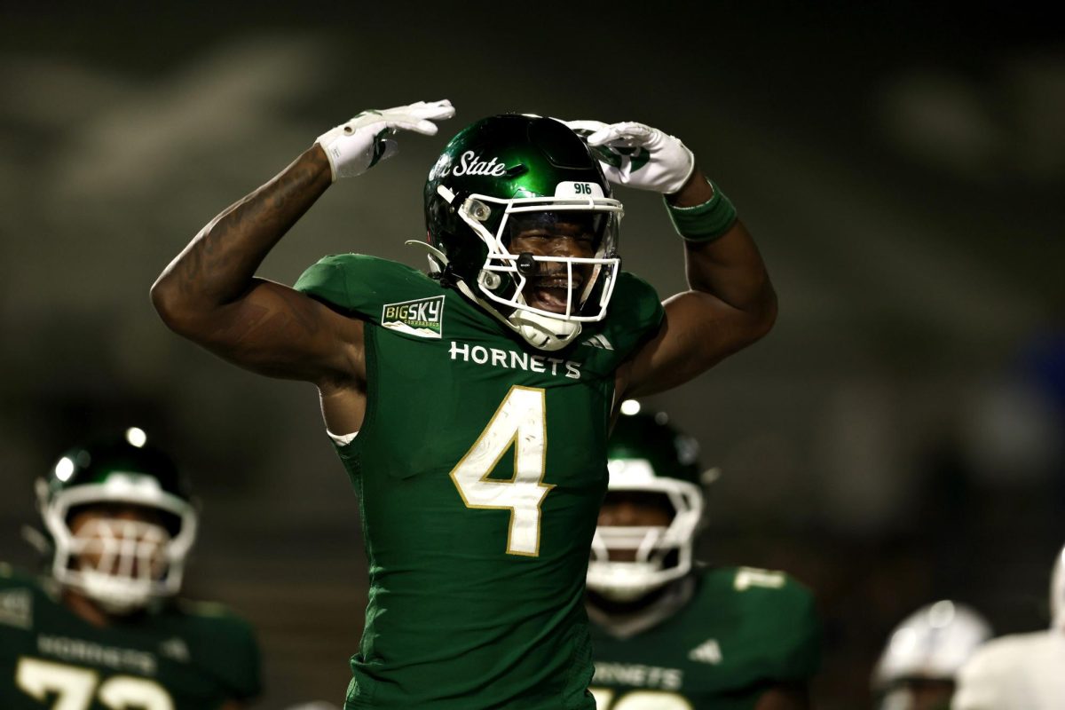 Sophomore running back Damian Henderson II celebrates in the end zone Saturday, Sept. 13, 2025. Henderson scored three touchdowns, as Sac State beat Mercyhurst 49-28. 
