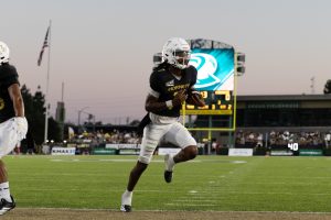Junior quarterback Cardell Williams punches in one of his two touchdowns in Sac State’s win over Central Arkansas Saturday, Sept. 20, 2025. Williams racked up over 300 total yards and three touchdowns for his strongest game as a Hornet. 