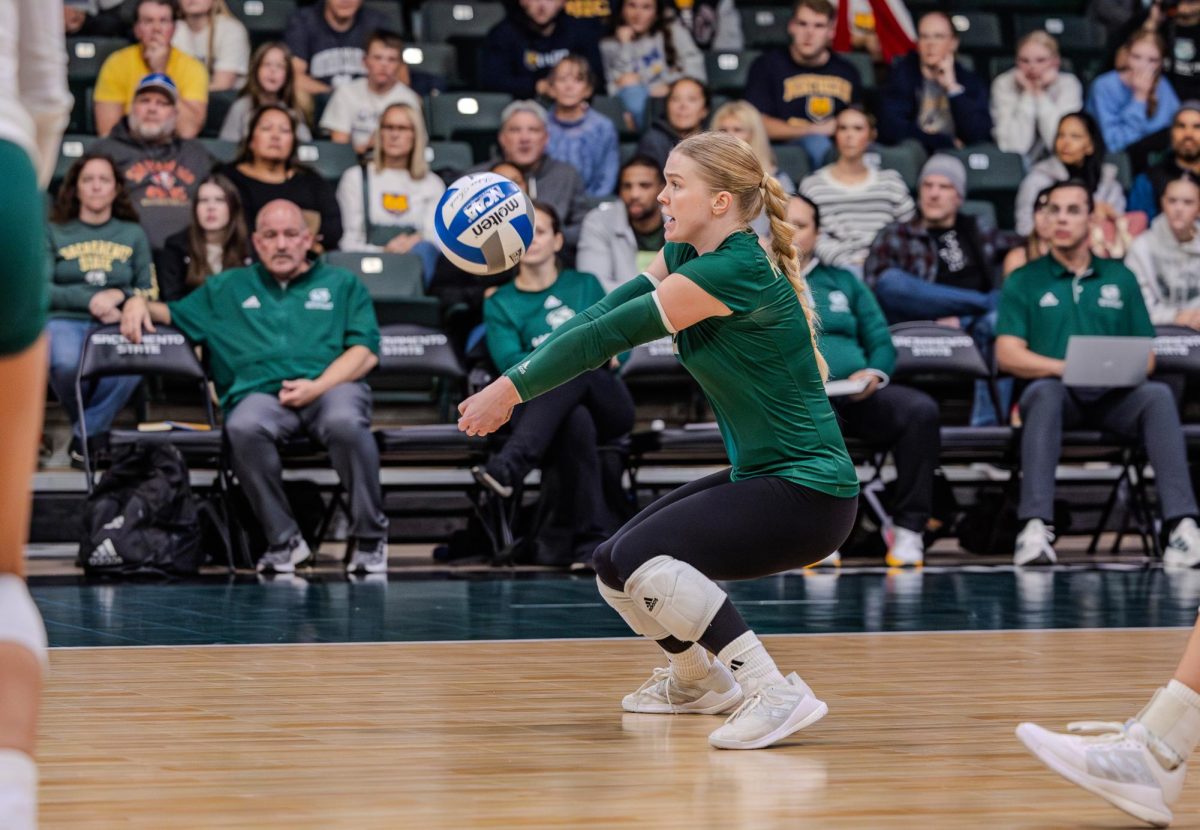 Junior libero Reese Ampi hits the ball back against Pepperdine, Sunday, Aug. 31, 2025. The Hornets lost 2-3. Photo by Alex Cheeseman (Sacramento State Athletics)