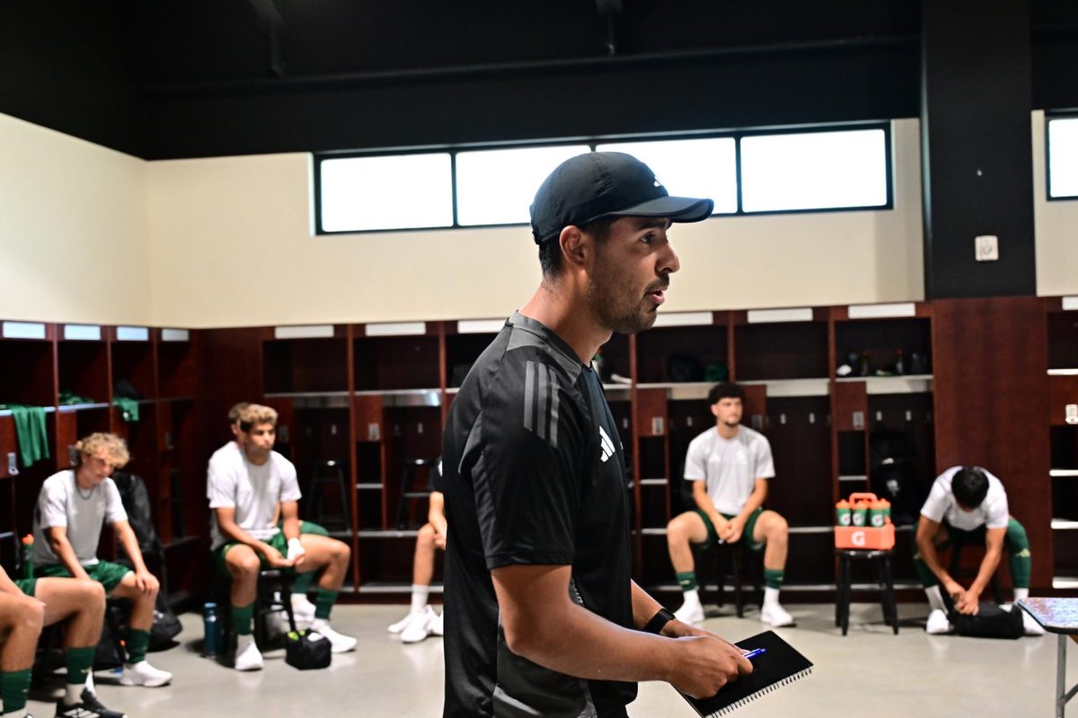 Assistant coach Hector “Keko” Grajeda addresses the team before their game against Stanford on Thursday, Aug. 10, 2025. The Hornets went on to fall short of victory by a score of 0-1. (Photo courtesy of Sac State Athletics)